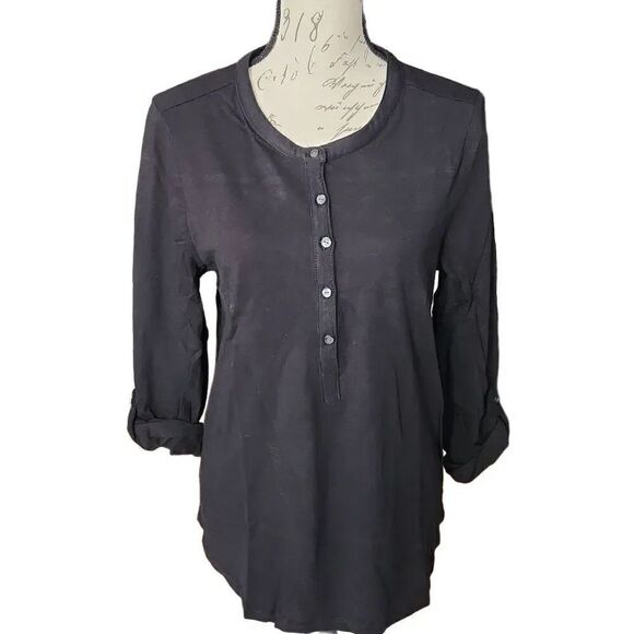 Style & Co Ladies Size Medium Black Rolled Sleeve Button Down Top - Picture 1 of 6